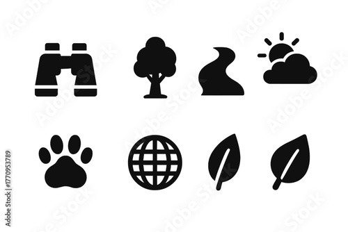 Environmental Icons Grid. Environmental monitoring. Filled icon set of environmental monitoring: binoculars,