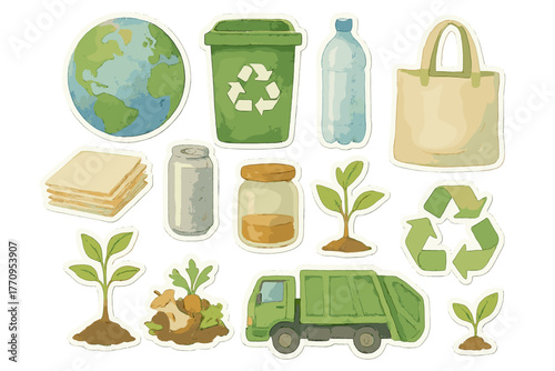 Eco Watercolor Stickers. Eco-conscious living set. Realistic hand-painted watercolor style sticker sheet of