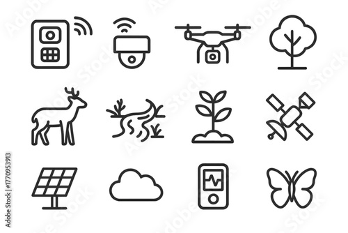 Wildlife Monitoring Icons. Wildlife monitoring. Line outline icon set of wildlife monitoring: camera trap,