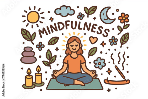 Mindfulness Doodle Art. Mindfulness. Hand-drawn doodle illustration of mindfulness. Person sitting