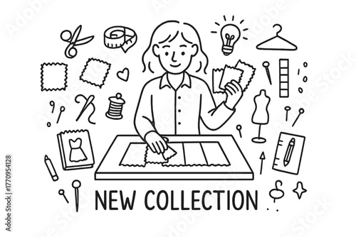 Fashion Design Doodle. A fashion designer arranging fabrics in a color palette to create a new collection.