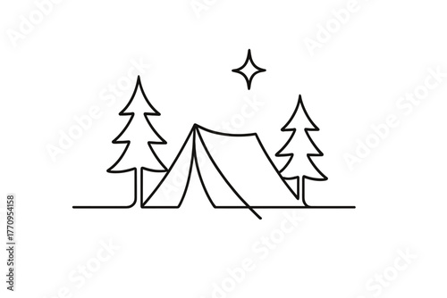 Minimalist Camping Scene. Camping Adventures. minimalistic one-line drawing of a tent with pine trees and a