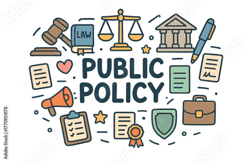 Public Policy Icons. Public Policy. Hand-drawn doodle illustration of public policy. Gavel, law book,