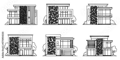 Sustainable House Facade Vertical Garden Line Art Vector