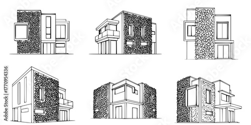 Sustainable House Facade Vertical Garden Line Art Vector