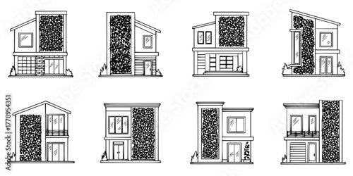 Sustainable House Facade Vertical Garden Line Art Vector