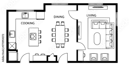Open Floor Plan Interior Layout Outline Flat Vector