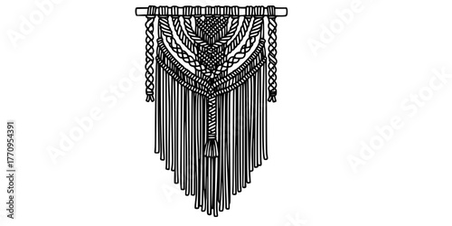 Boho Macrame Wall Hanging Fringe Simple Line Art Vector