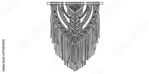 Boho Macrame Wall Hanging Fringe Simple Line Art Vector