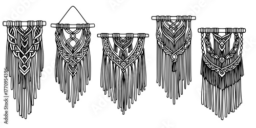 Boho Macrame Wall Hanging Fringe Simple Line Art Vector