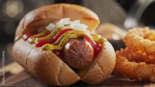 Close up of a hot dog with toppings and onion rings on a wooden surface