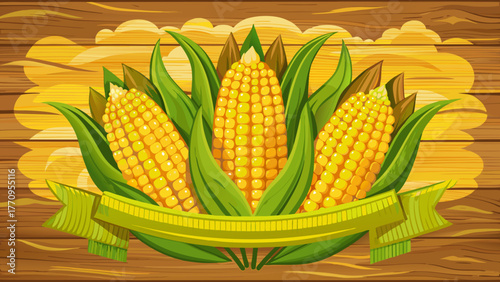 Very beautiful fresh corn on the cob arranged on a wooden background, horizontal banner composition, showcasing bright yellow kernels, natural texture, rustic style, and vibrant farm-to-table freshnes