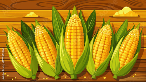 Very beautiful fresh corn on the cob arranged on a wooden background, horizontal banner composition, showcasing bright yellow kernels, natural texture, rustic style, and vibrant farm-to-table freshnes