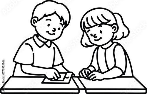 Kids Studying Together at Table, Minimal Black Line Art Vector, Simple Educational Illustration