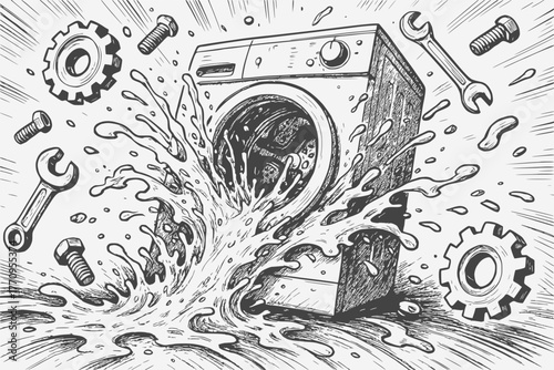 Exploding washing machine with water splash and flying mechanical parts in black and white