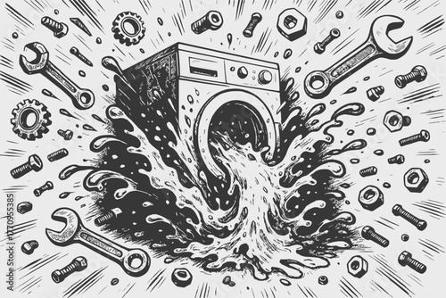 Exploding washing machine with water splash and flying mechanical parts in black and white