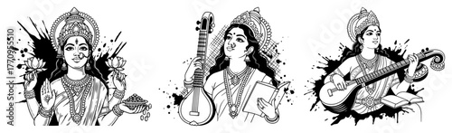 Goddess Saraswati playing veena – artistic Hindu deity heads set