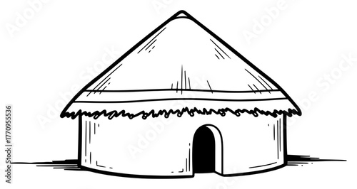 Round thatched tribal hut – rustic village house illustration