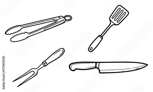 Grill utensil kit – tongs, fork, spatula and knife outline icons