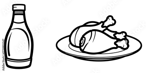 Ketchup bottle and fried chicken drumsticks – fast food icon set