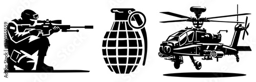 Military set – sniper, grenade and attack helicopter silhouettes