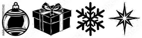 Christmas icon pack – bauble, present, snowflake and star ink sketch set