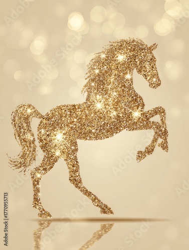Golden sparkling horse stands majestically, representing elegance and beauty in a dazzling display of light against a soft background