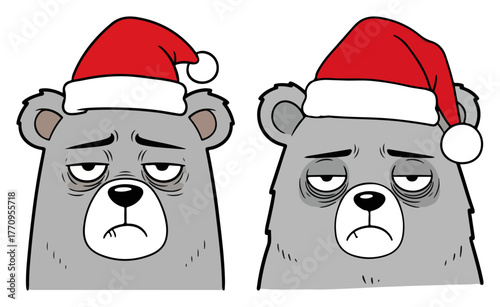 Grumpy bear heads wearing Santa hats – humorous Christmas animal set