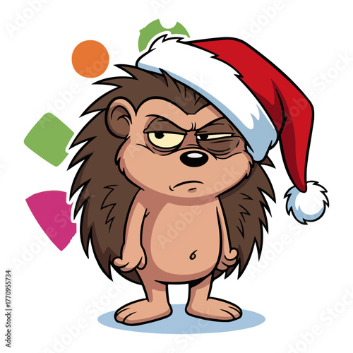 Unimpressed hedgehog in Santa hat – sarcastic festive cartoon character