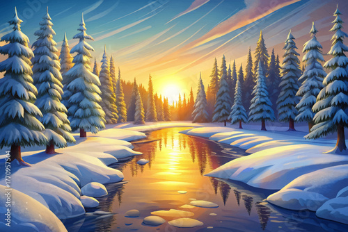 Golden sunset reflecting on frozen river winding through snow covered pine forest