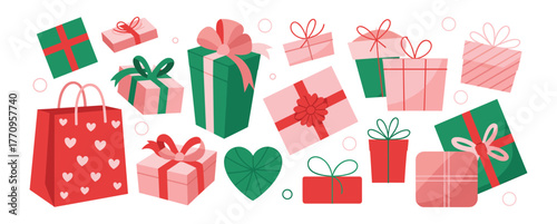 Assortment of festive gift boxes and bags present ribbon