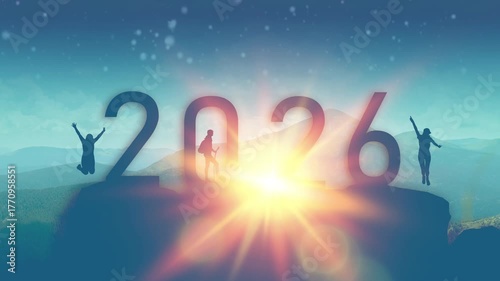 Silhouettes of joyful people jumping on a mountain with large 2026 numbers and sunrise in the background. Concept of happiness, success, new beginnings, and positive future.