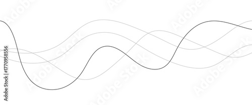 Curved black long lines seamless wave pattern. Thin line wavy abstract vector background. Wavy line horizontal divider wavy pattern. Curve line art striped. Abstract wave elements. Vector illustration