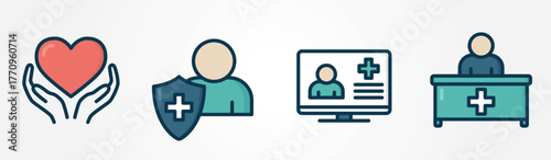 Healthcare icon set. Heart protection, online health portal and medical administration symbols. Isolated vector color image. Hand drawn original illustrations.