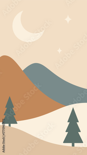 Nordic minimal Christmas landscape. Winter mountains, moon and stars in warm colors. Hand drawn original vector illustration.