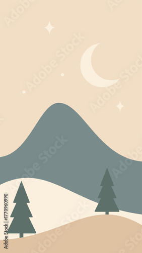 Nordic minimal landscape. Winter mountains, moon and stars illustration in warm colors. Hand drawn original vector illustration.