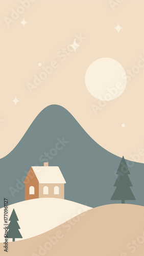 Nordic minimal Christmas landscape. House under the mountain, moon and stars illustration in warm colors. Hand drawn original vector image.