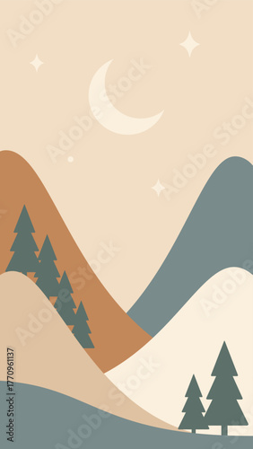 Nordic minimal Christmas landscape. Forest in the mountains, moon and stars illustration in warm colors. Hand drawn original vector image.