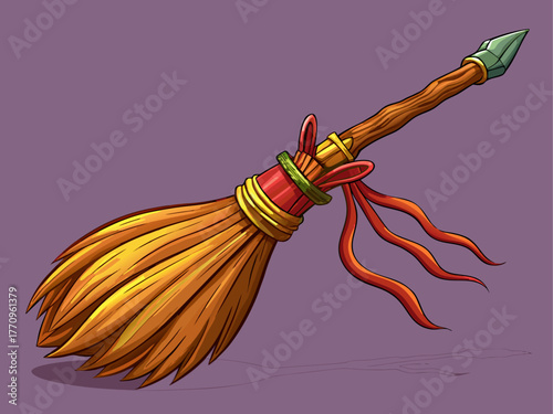 realistic detailed witch broomstick, wooden handle, straw bristles, isolated on plain background, Halloween fantasy vector