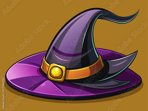 realistic vector of classic black witch hat with curved tip and purple ribbon, soft shadow, isolated on single-color background