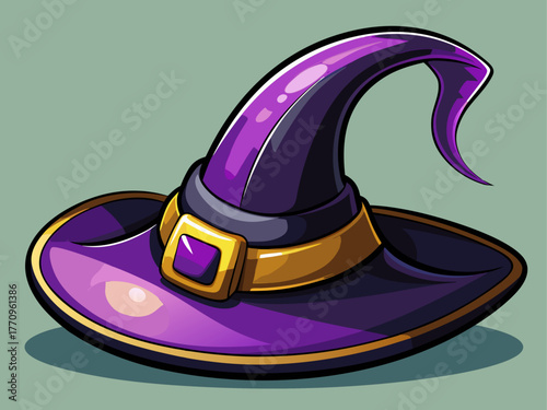 realistic vector of classic black witch hat with curved tip and purple ribbon, soft shadow, isolated on single-color background