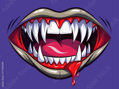 realistic vector of vampire mouth with sharp white fangs and red lips, drop of blood, isolated on plain background, detailed illustration