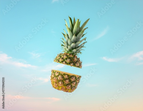 Floating Pineapple Cut in Half Against Blue Sky Background Macro Concept