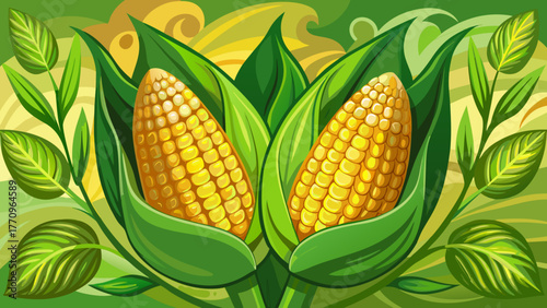 Very beautiful composition of two golden corn cobs with vibrant green leaves, fresh and natural, highlighting texture, color contrast, and rustic farm-to-table appeal on a simple background.