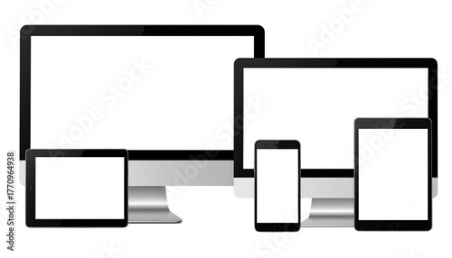 Tech array a computer, screen, smartphone, tablet group. Blank screens for mockups and responsive design tests