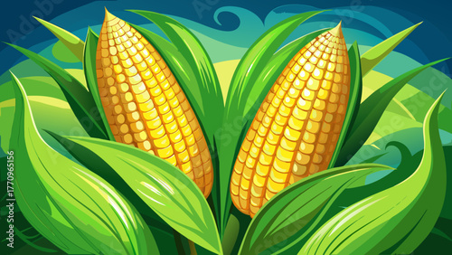 Very beautiful composition of two golden corn cobs with vibrant green leaves, fresh and natural, highlighting texture, color contrast, and rustic farm-to-table appeal on a simple background.