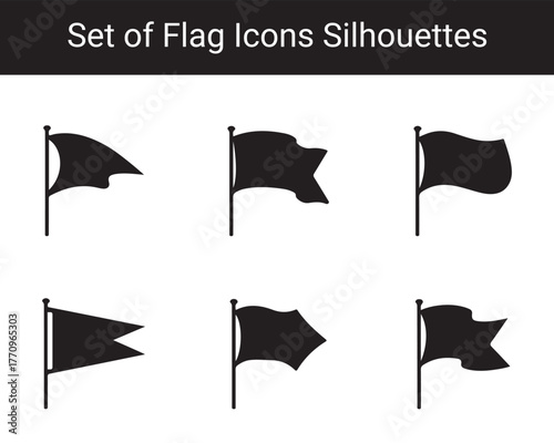 Collection of Waving Flag Silhouettes – Simple Black Flag Icons for Design, Decoration, and Graphic Projects