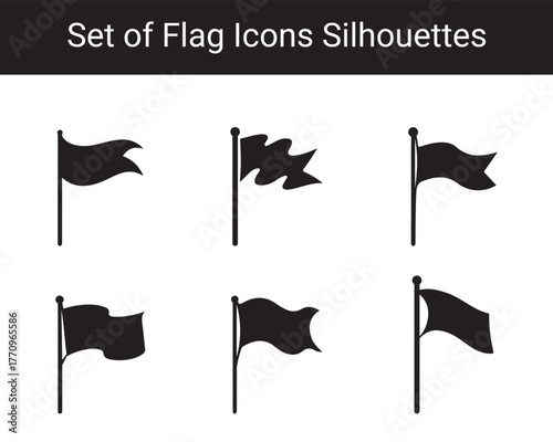 Collection of Waving Flag Silhouettes – Simple Black Flag Icons for Design, Decoration, and Graphic Projects