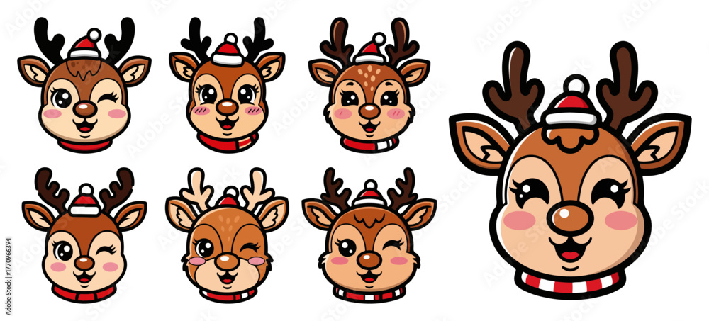 Obraz premium Reindeer Faces Set – Cute Cartoon Deer Heads with Christmas Accessories Vector Icons Collection