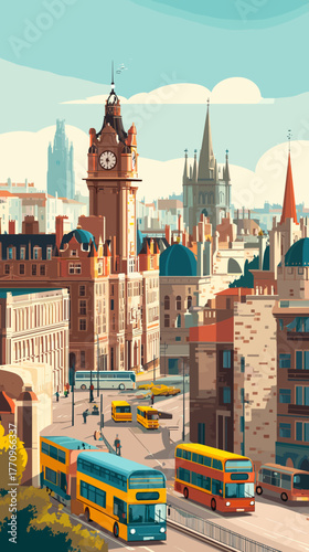 vector style illustration, Cityscape of edinburgh, city of Scotland, attractive touristic advertisement poster, beautiful touristic must-see destination. Beautiful tourist destination.